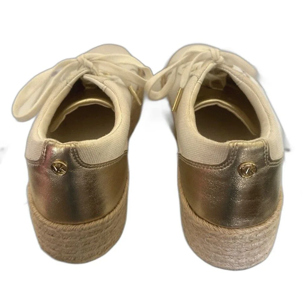 Michael Kors Canvas Espadrille Platform Sneakers Gold Ivory Lace Up 8.5M
